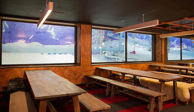 A row of benches in a line, behind are windows that look into the Chill Factor<sup>e</sup> indoor ski slope